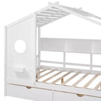 Letto a capanna in legno per bambini con 2 cassetti e ripiano portaoggetti, bianco