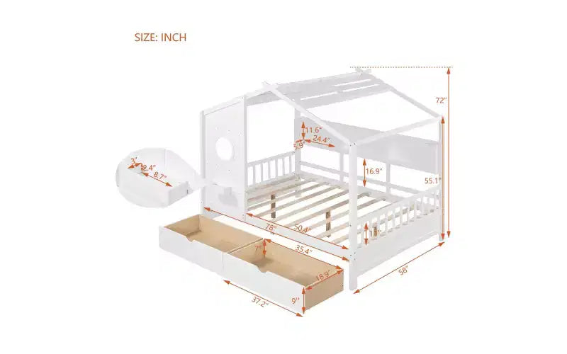 Wooden Full House Bed for Kids with 2 Drawers and Storage Shelf in White