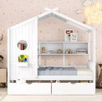 Letto a capanna in legno per bambini con 2 cassetti e ripiano portaoggetti, bianco
