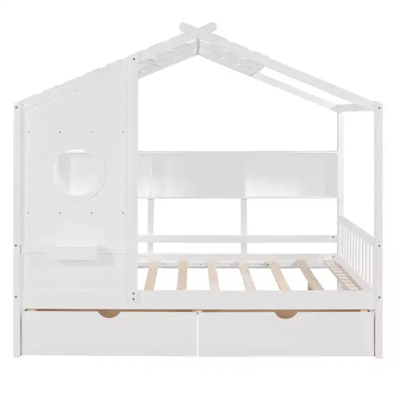 Wooden Full House Bed for Kids with 2 Drawers and Storage Shelf in White
