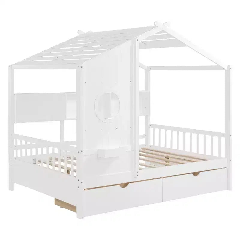 Wooden Full House Bed for Kids with 2 Drawers and Storage Shelf in White