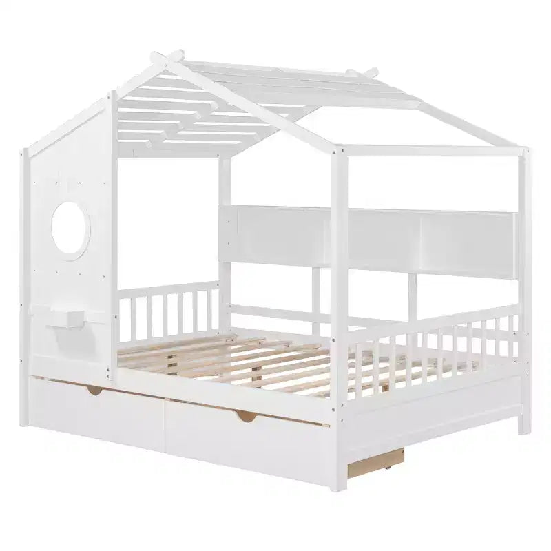 Wooden Full House Bed for Kids with 2 Drawers and Storage Shelf in White