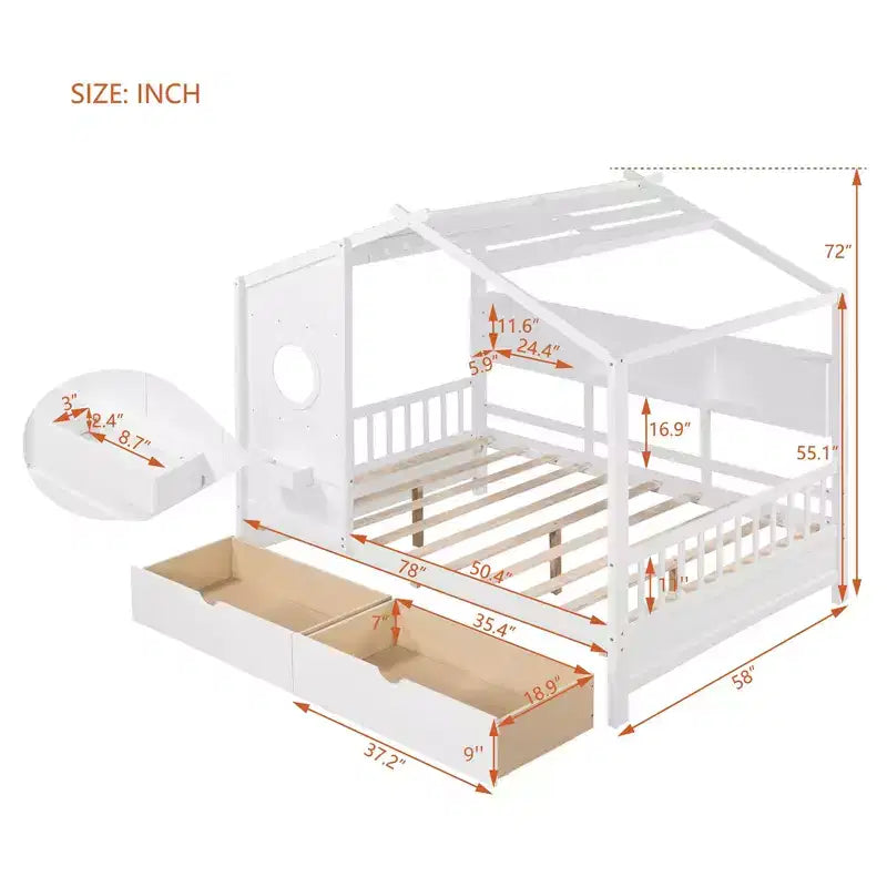 Wooden Full House Bed for Kids with 2 Drawers and Storage Shelf in White