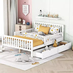 Full Wood Platform Bed with Guardrails and 2 Storage Drawers, White