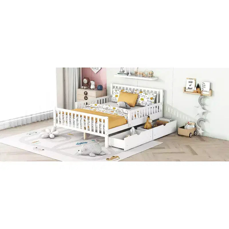 Full Wood Platform Bed with Guardrails and 2 Storage Drawers in White
