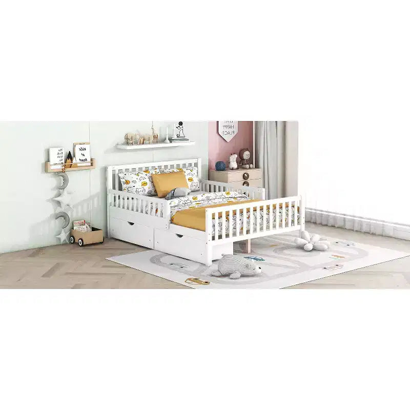Full Wood Platform Bed with Guardrails and 2 Storage Drawers in White