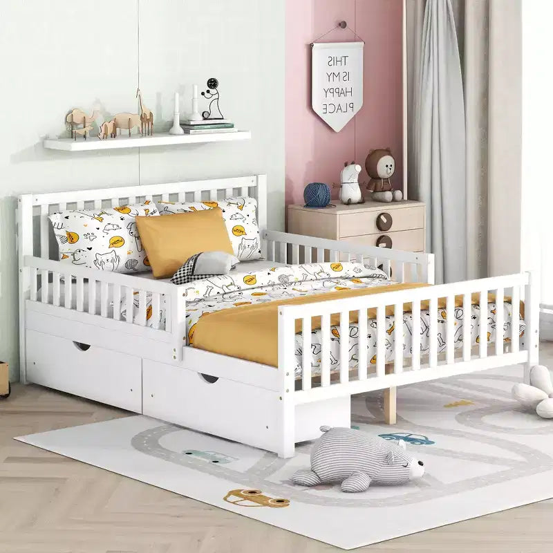 Full Wood Platform Bed with Guardrails and 2 Storage Drawers in White