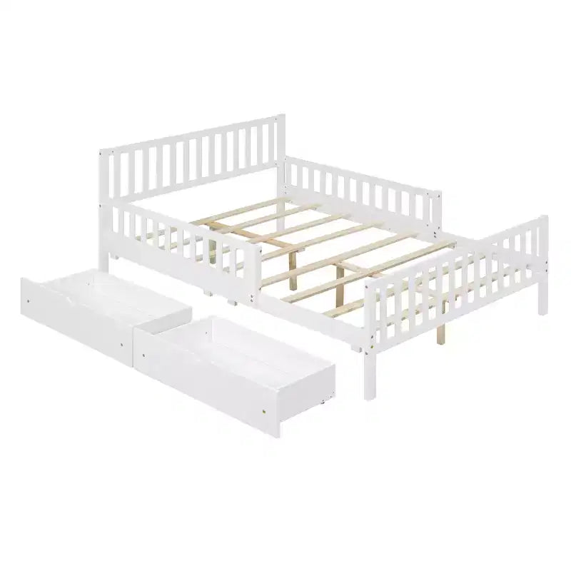 Full Wood Platform Bed with Guardrails and 2 Storage Drawers in White