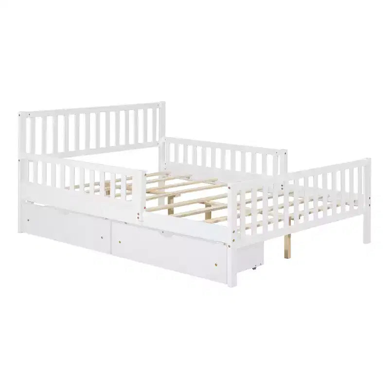 Full Wood Platform Bed with Guardrails and 2 Storage Drawers in White