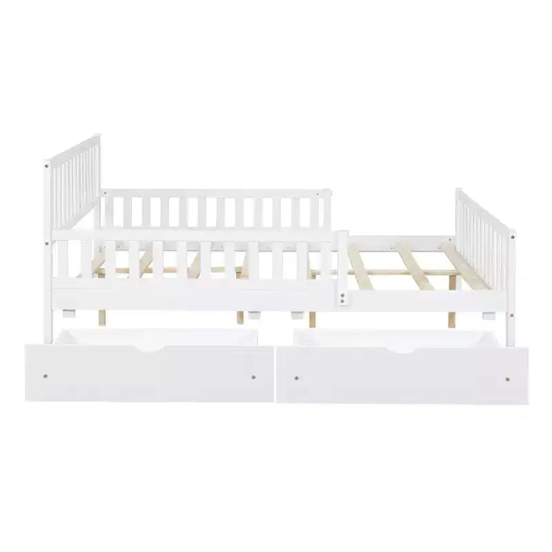 Full Wood Platform Bed with Guardrails and 2 Storage Drawers in White