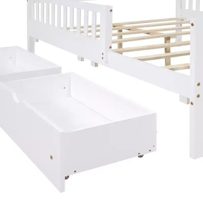 Full Wood Platform Bed with Guardrails and 2 Storage Drawers in White