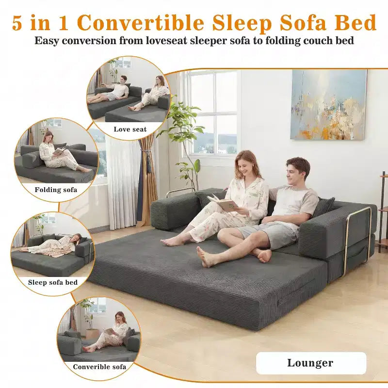 78-Inch Folding Sofa Bed Convertible Corduroy Couch, 4-in-1 Modular Floor Sleeper