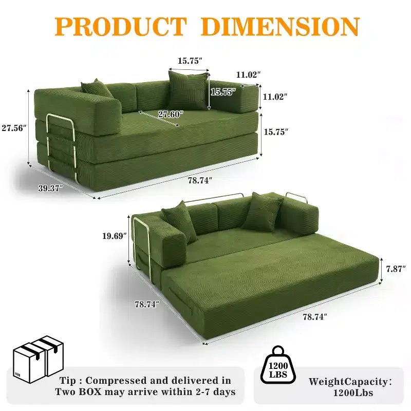78-Inch Folding Sofa Bed Convertible Corduroy Couch, 4-in-1 Modular Floor Sleeper
