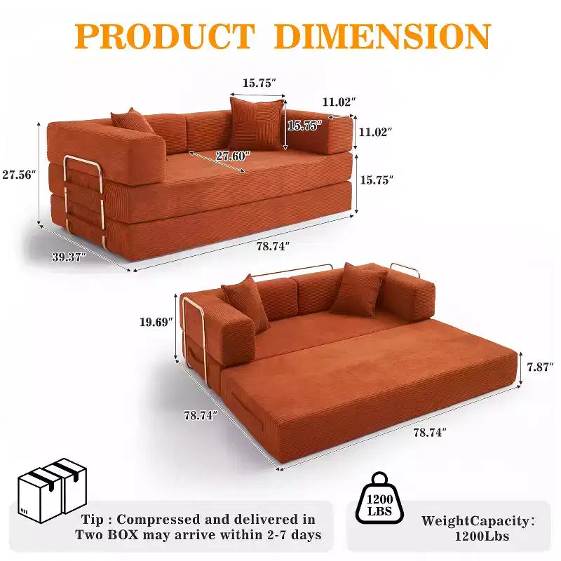 78-Inch Folding Sofa Bed Convertible Corduroy Couch, 4-in-1 Modular Floor Sleeper