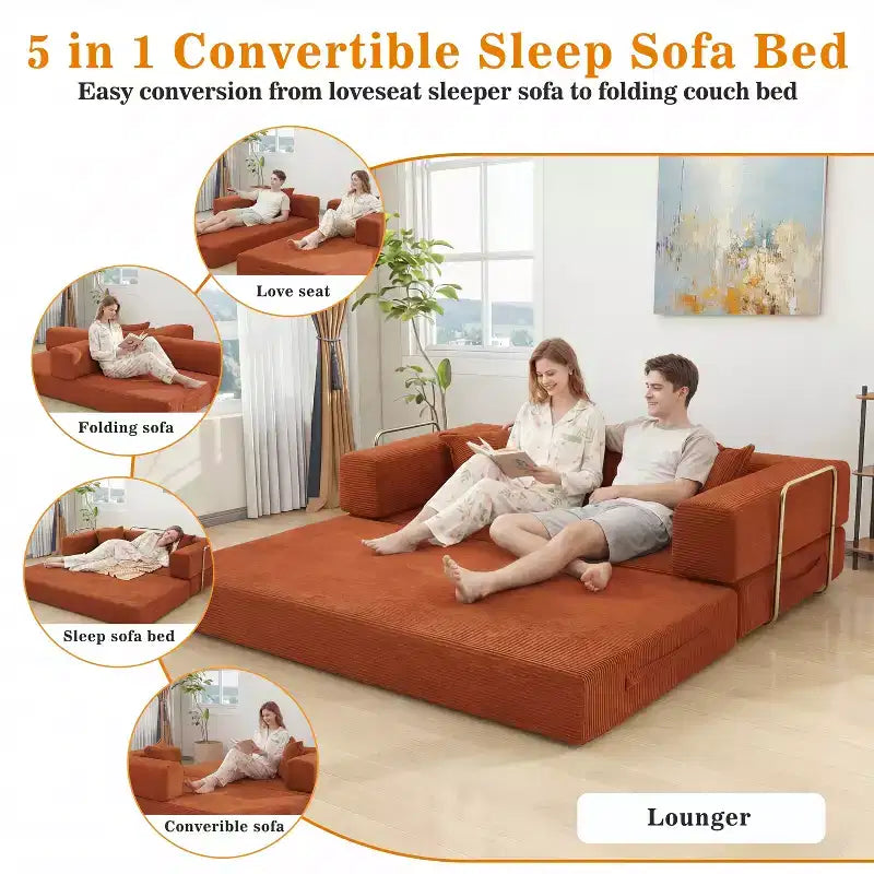 78-Inch Folding Sofa Bed Convertible Corduroy Couch, 4-in-1 Modular Floor Sleeper