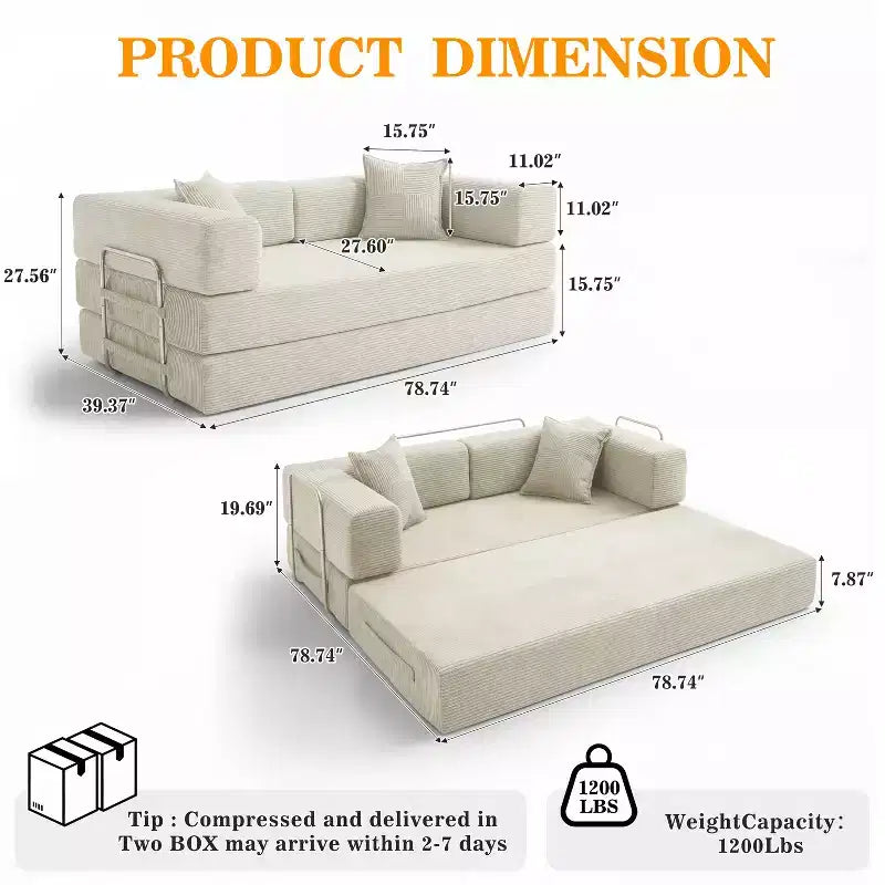 78-Inch Folding Sofa Bed Convertible Corduroy Couch, 4-in-1 Modular Floor Sleeper