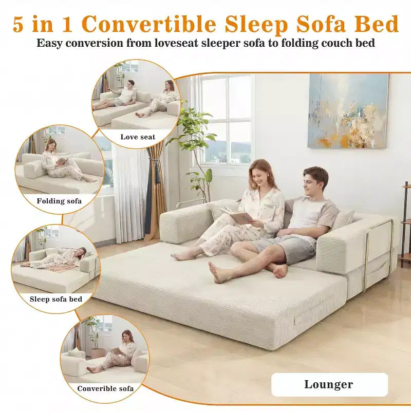78-Inch Folding Sofa Bed Convertible Corduroy Couch, 4-in-1 Modular Floor Sleeper