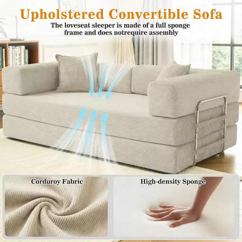 78-Inch Folding Sofa Bed Convertible Corduroy Couch, 4-in-1 Modular Floor Sleeper
