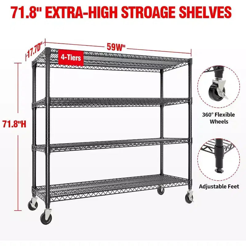 4-Tier Heavy Duty Metal Shelving Unit with Adjustable Height and Feet