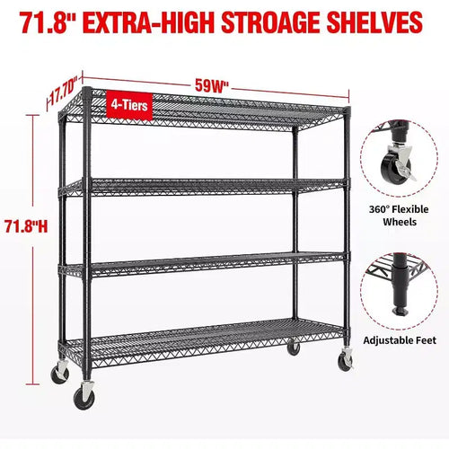 4-Tier Heavy Duty Metal Shelving Unit with Adjustable Height and Feet