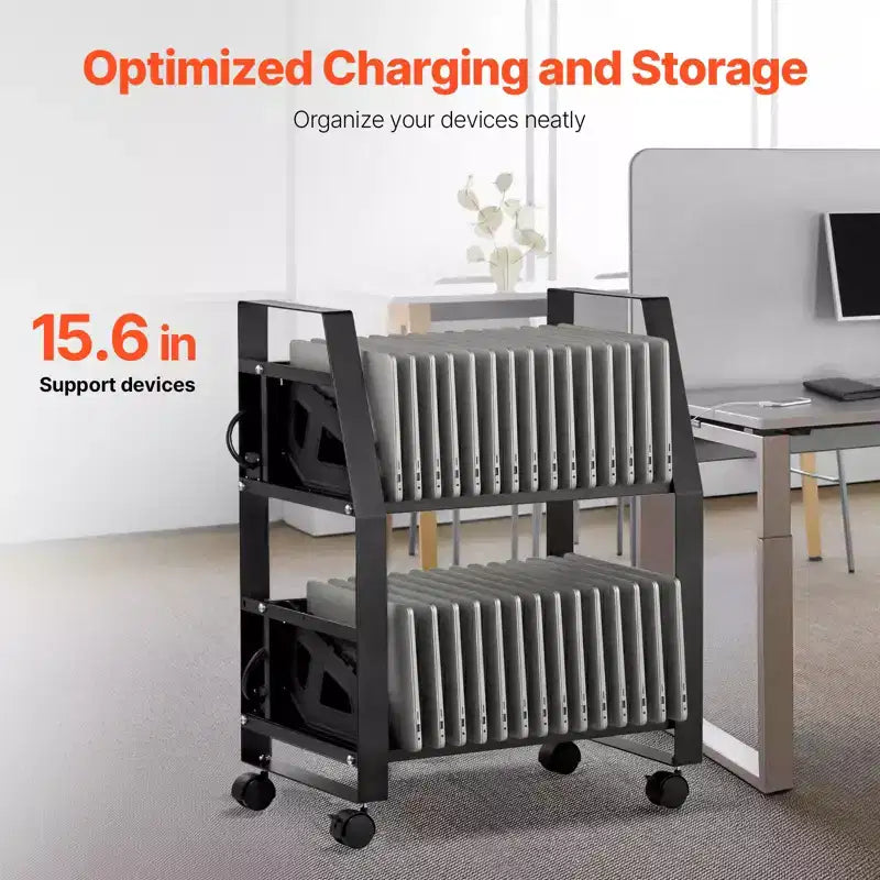32-Device Mobile Laptop and Tablet Charging Cart with Wheels in Black