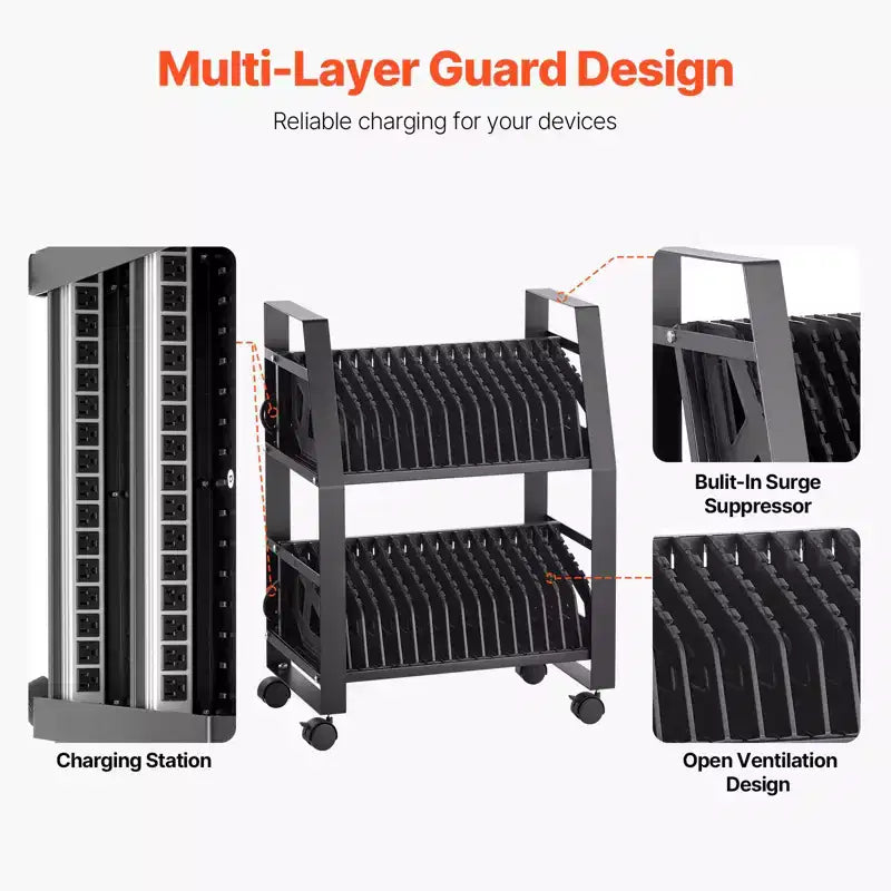 32-Device Mobile Laptop and Tablet Charging Cart with Wheels in Black