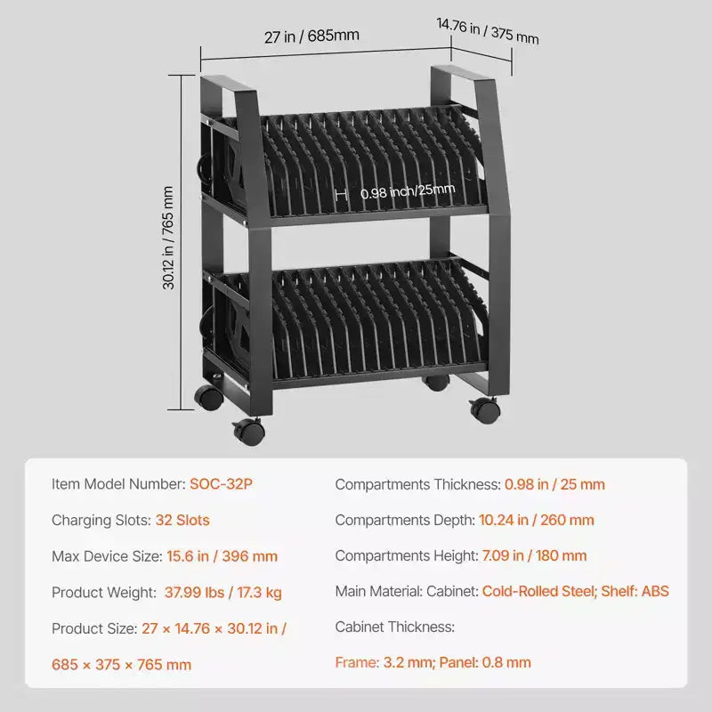 32-Device Mobile Laptop and Tablet Charging Cart with Wheels in Black
