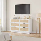 Cassettiera in Rattan Boho con Maniglie Oro e Struttura in Legno Nero