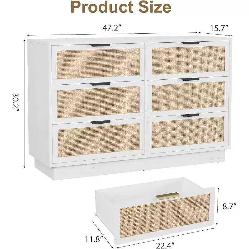 Boho Rattan Drawer Dresser with Gold Handles and Black Wood Frame