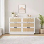 Cassettiera in Rattan Boho con Maniglie Oro e Struttura in Legno Nero