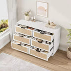 Cassettiera in Rattan Boho con Maniglie Oro e Struttura in Legno Nero