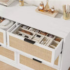 Cassettiera in Rattan Boho con Maniglie Oro e Struttura in Legno Nero