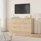 Cassettiera in Rattan Boho con Maniglie Oro e Struttura in Legno Nero