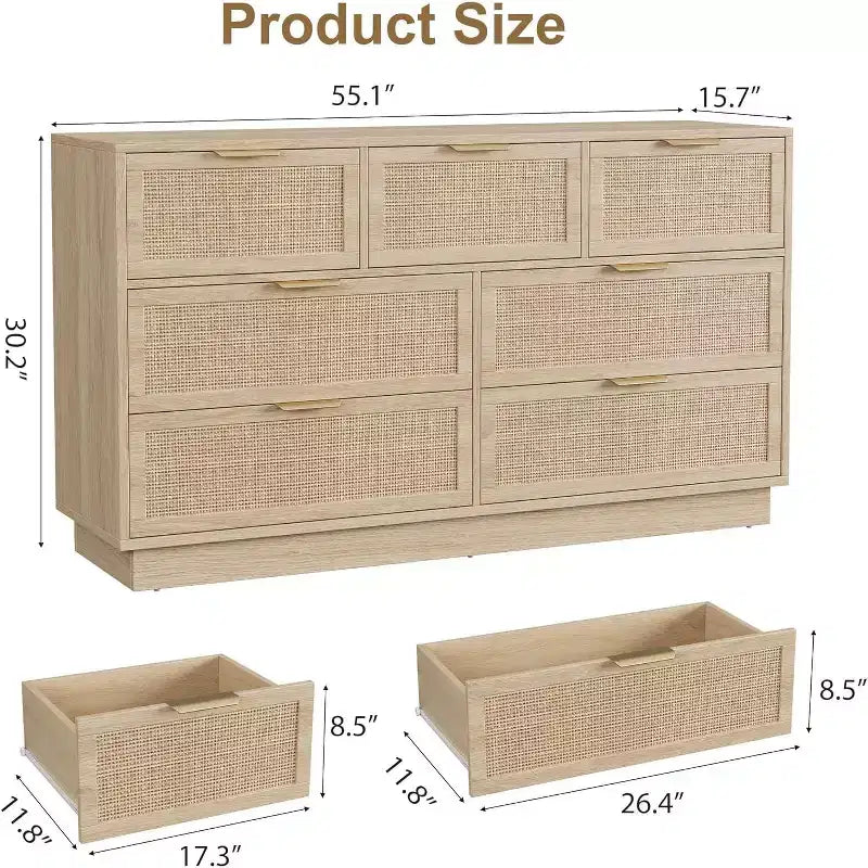 Boho Rattan Drawer Dresser with Gold Handles and Black Wood Frame