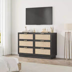 Cassettiera in Rattan Boho con Maniglie Oro e Struttura in Legno Nero