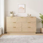 Cassettiera in Rattan Boho con Maniglie Oro e Struttura in Legno Nero
