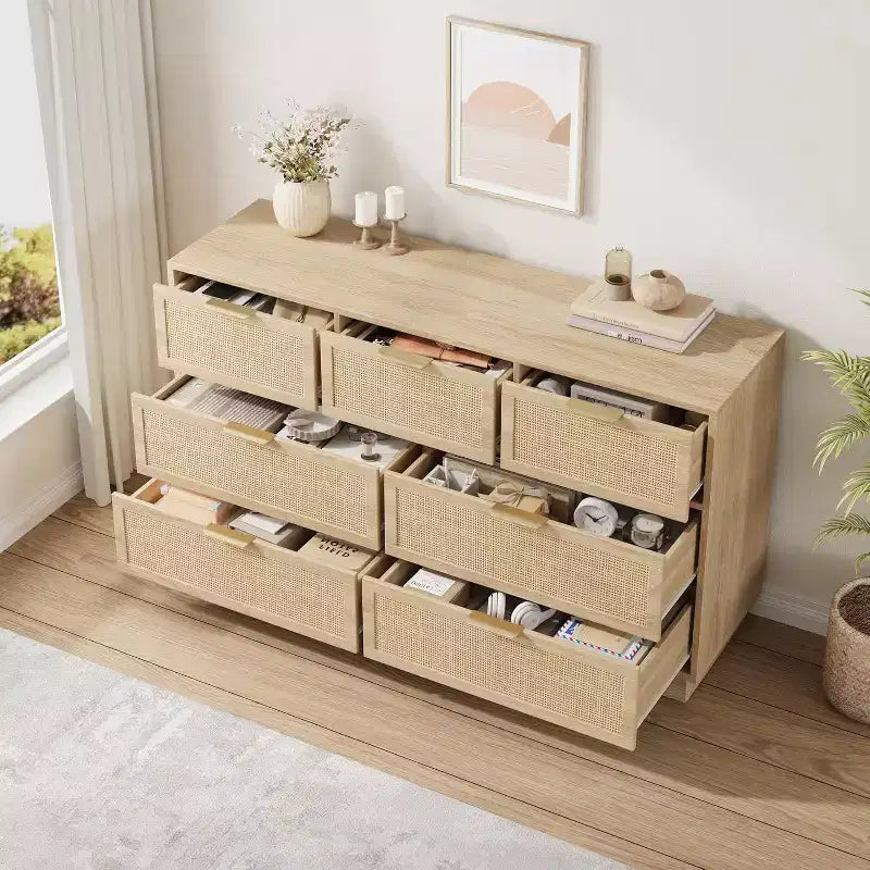Boho Rattan Drawer Dresser with Gold Handles and Black Wood Frame