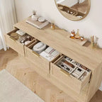 Cassettiera in Rattan Boho con Maniglie Oro e Struttura in Legno Nero