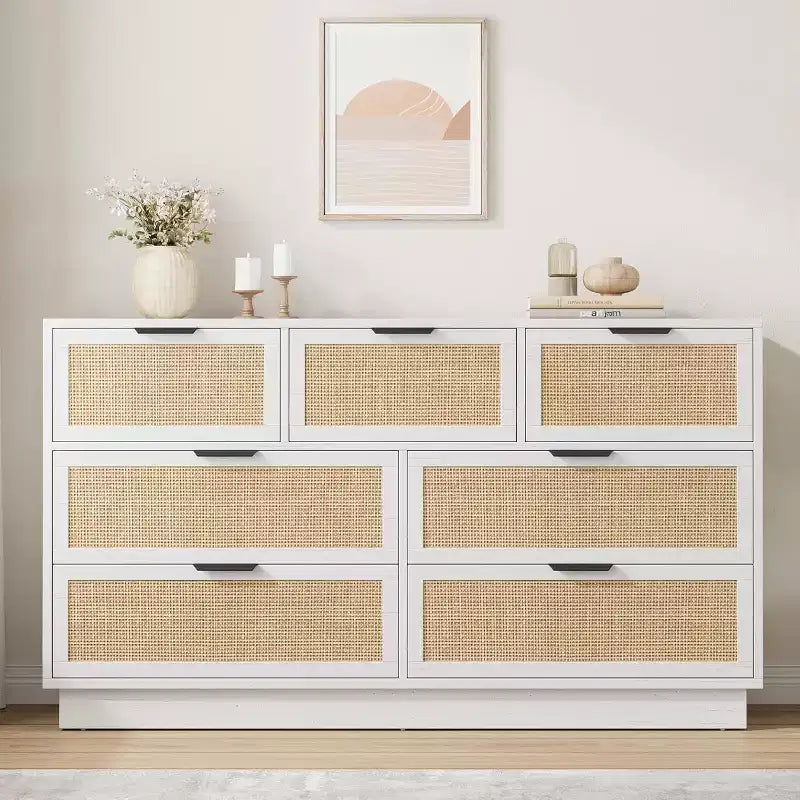 Boho Rattan Drawer Dresser with Gold Handles and Black Wood Frame