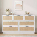 Cassettiera in Rattan Boho con Maniglie Oro e Struttura in Legno Nero