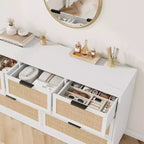 Cassettiera in Rattan Boho con Maniglie Oro e Struttura in Legno Nero