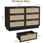 Cassettiera in Rattan Boho con Maniglie Oro e Struttura in Legno Nero