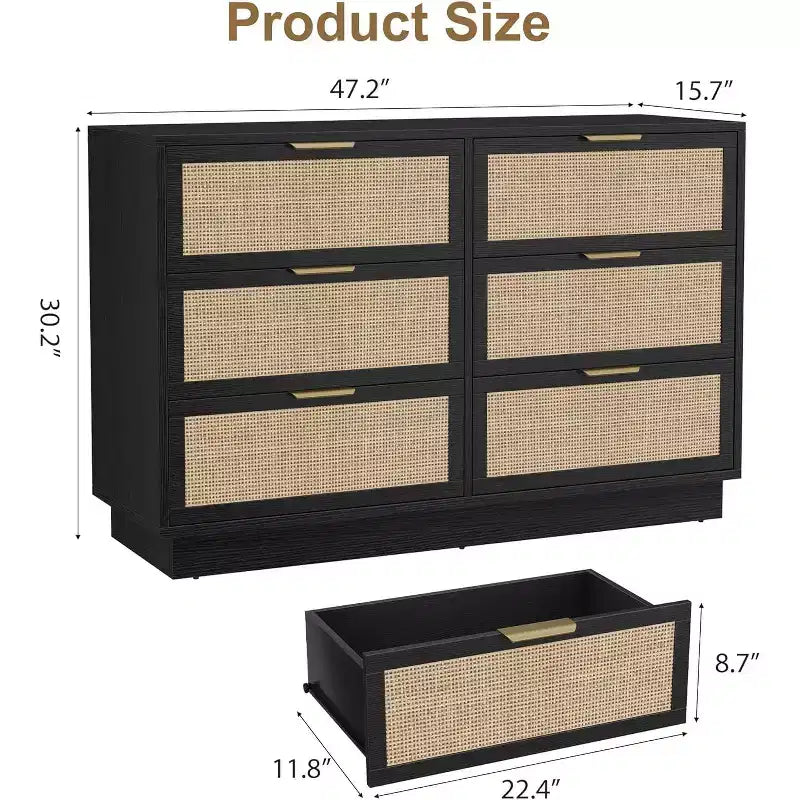 Boho Rattan Drawer Dresser with Gold Handles and Black Wood Frame