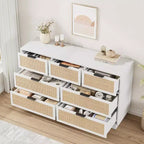Cassettiera in Rattan Boho con Maniglie Oro e Struttura in Legno Nero