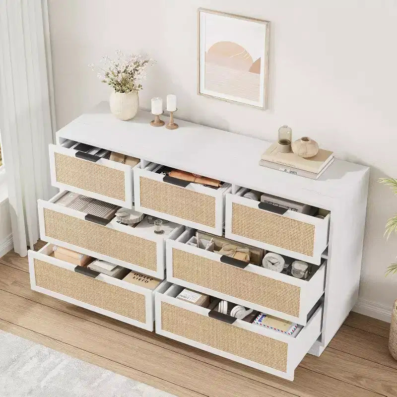 Boho Rattan Drawer Dresser with Gold Handles and Black Wood Frame