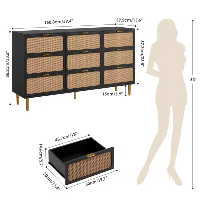 Boho Rattan Drawer Dresser with Gold Handles and Black Wood Frame