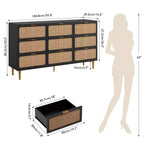 Cassettiera in Rattan Boho con Maniglie Oro e Struttura in Legno Nero