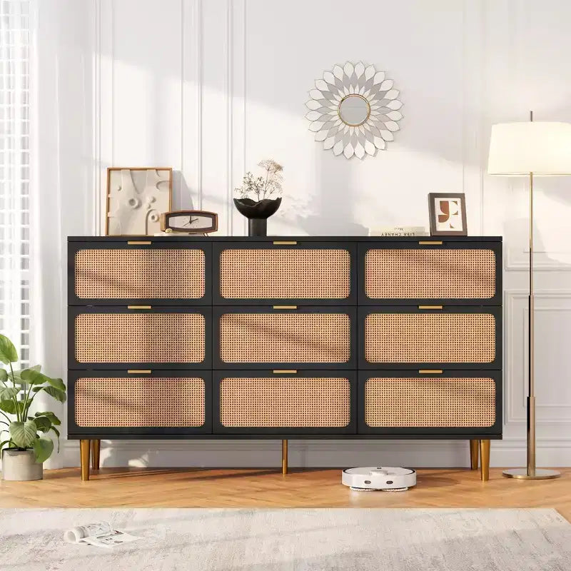 Boho Rattan Drawer Dresser with Gold Handles and Black Wood Frame