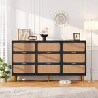 Cassettiera in Rattan Boho con Maniglie Oro e Struttura in Legno Nero