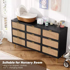 Cassettiera in Rattan Boho con Maniglie Oro e Struttura in Legno Nero